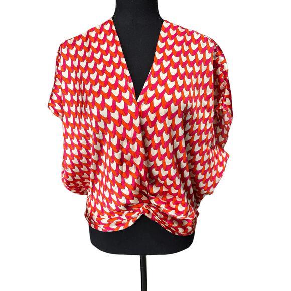 Haver London NWT Wrap Blouse Size L Pink Cinch Geometric Kimono Sleeves Boho Top - Picture 1 of 8